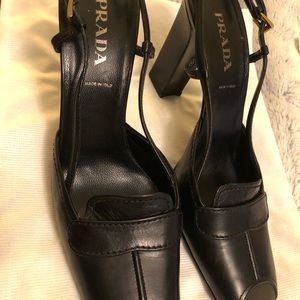 Prada square toe block heel slingback pumps.